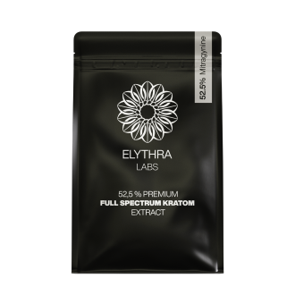 Czarne opakowanie ELYTHRA LABS 52,5% Premium Full Spectrum Kratom Extract z białym, kwiatowym logo i etykietą 52,5% Mitragyniny.