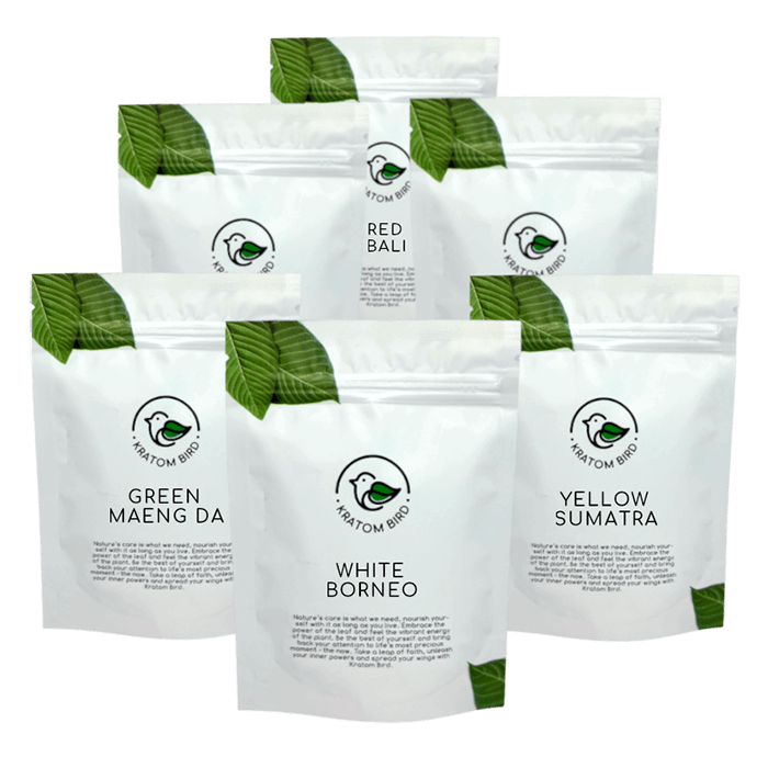 Sześć różnych rodzajów kratomu w opakowaniach